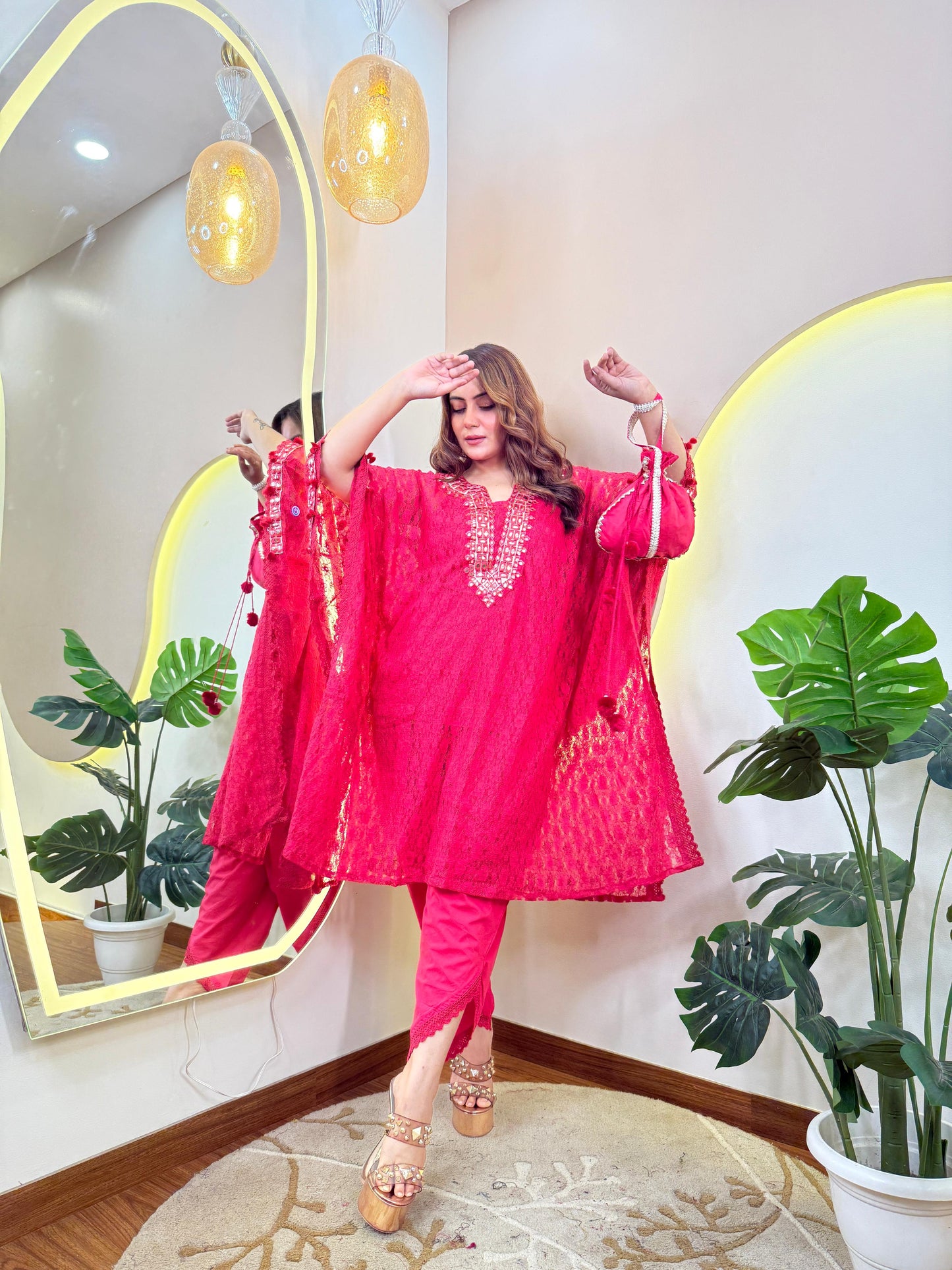 kaftan tulip pant with potli Hot pink