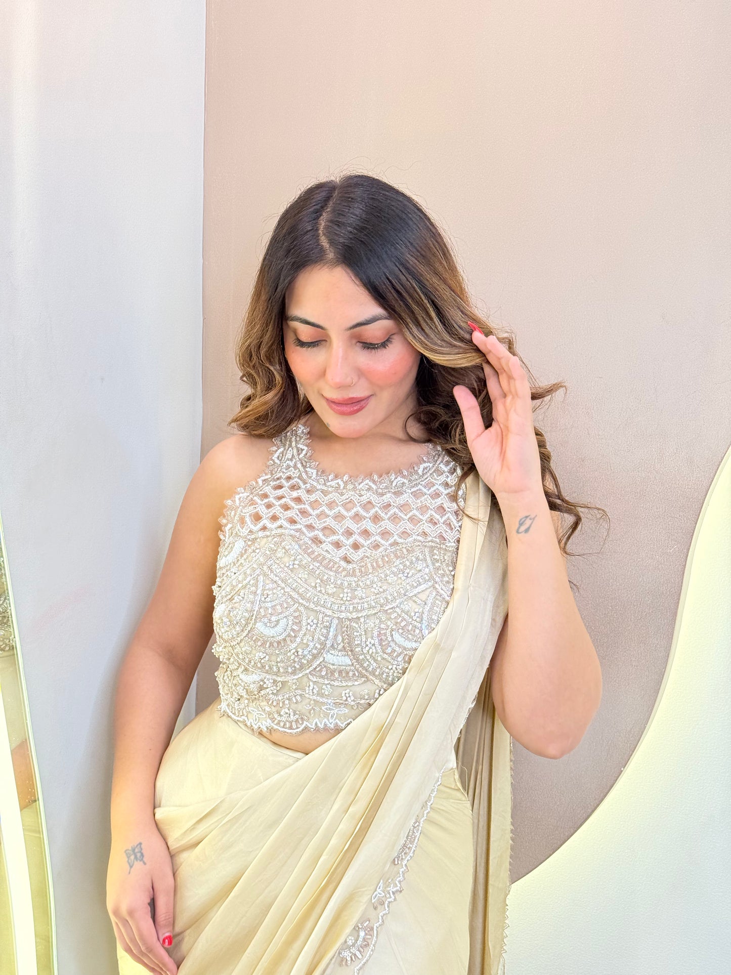 " CREAM OUTFIT" DRAPE SAREE
