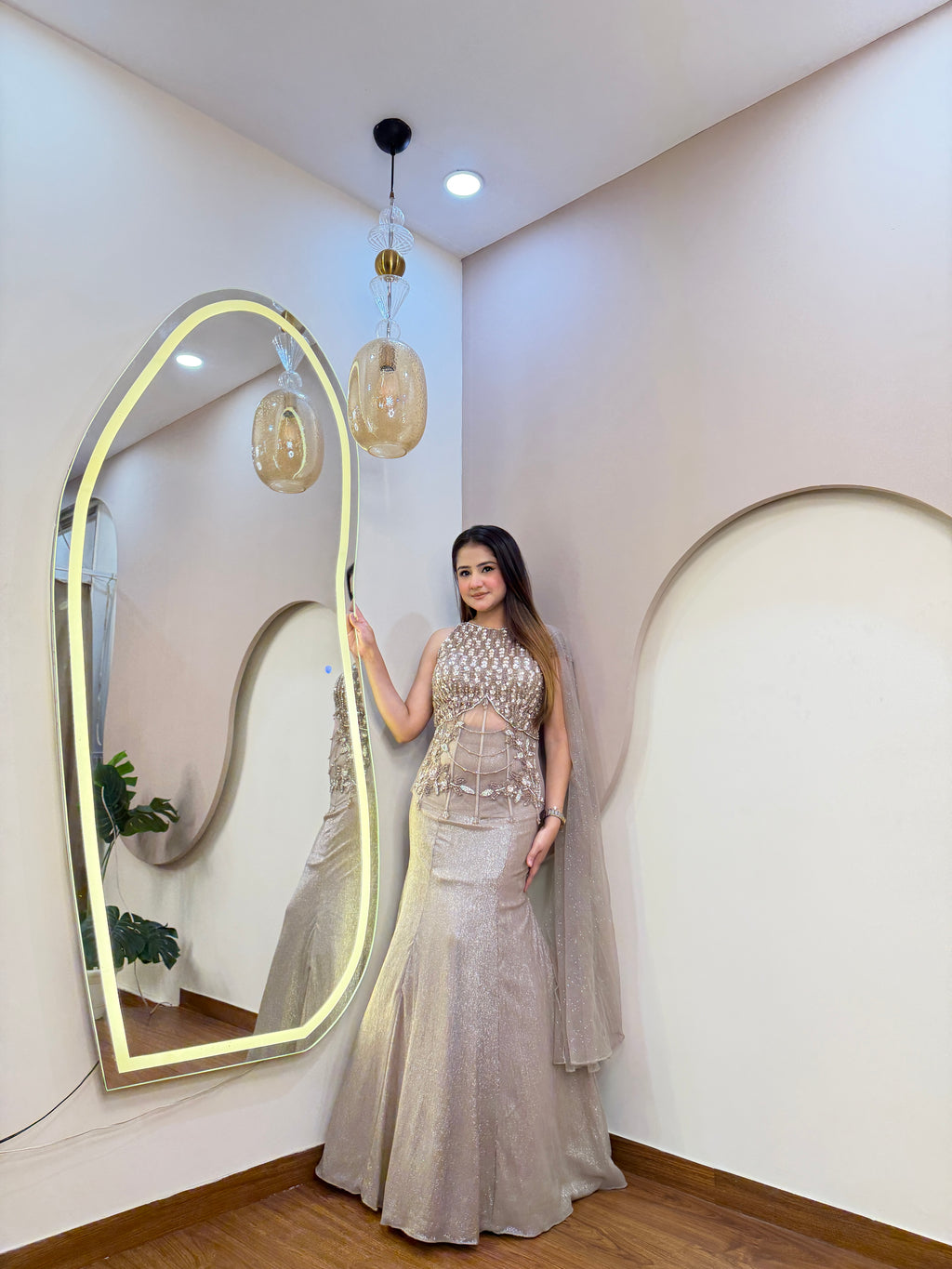 E366 INDO WESTERN FISH CUT LEHENGA