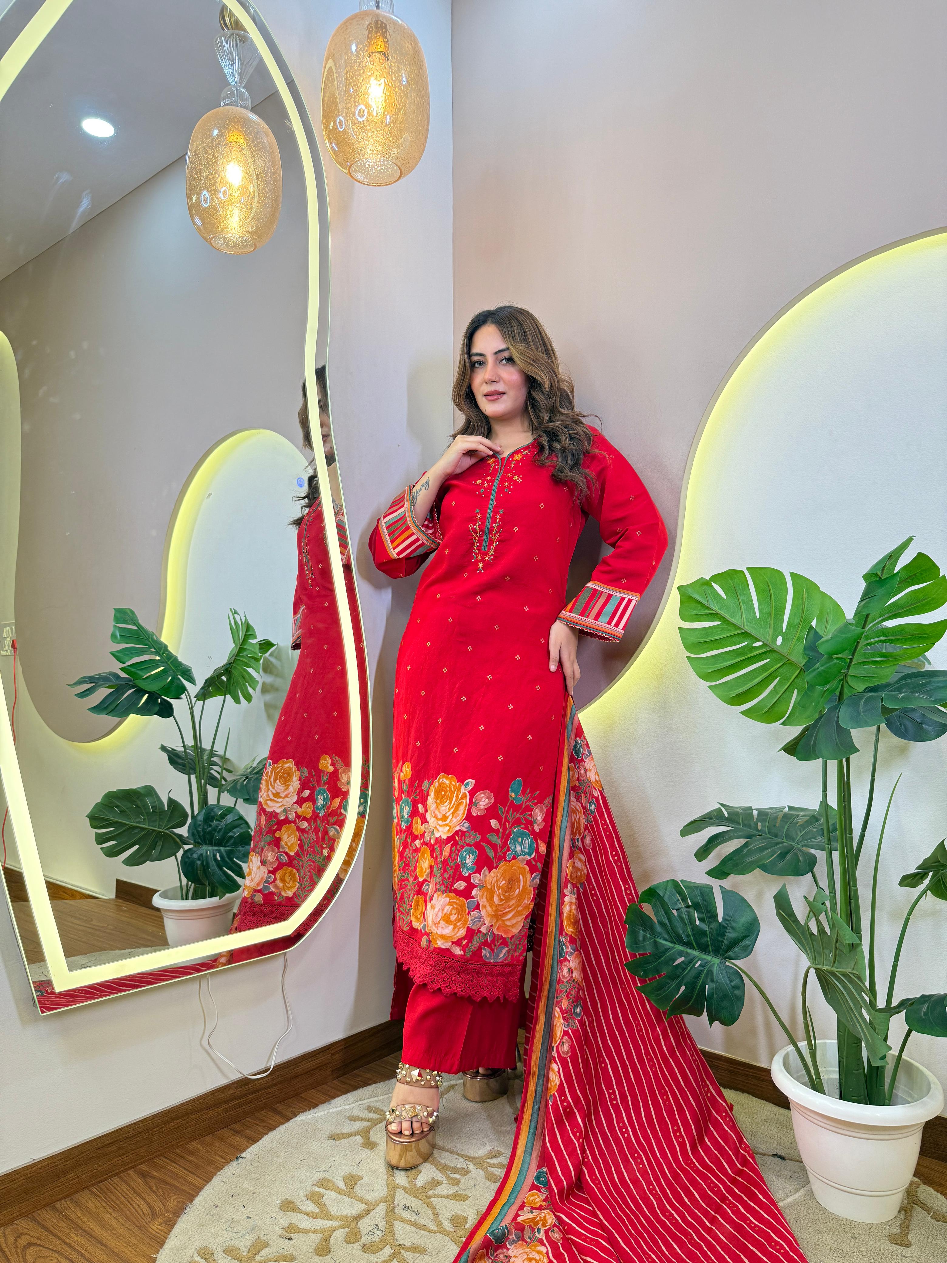 3Pc Suit Maslin Red Colour