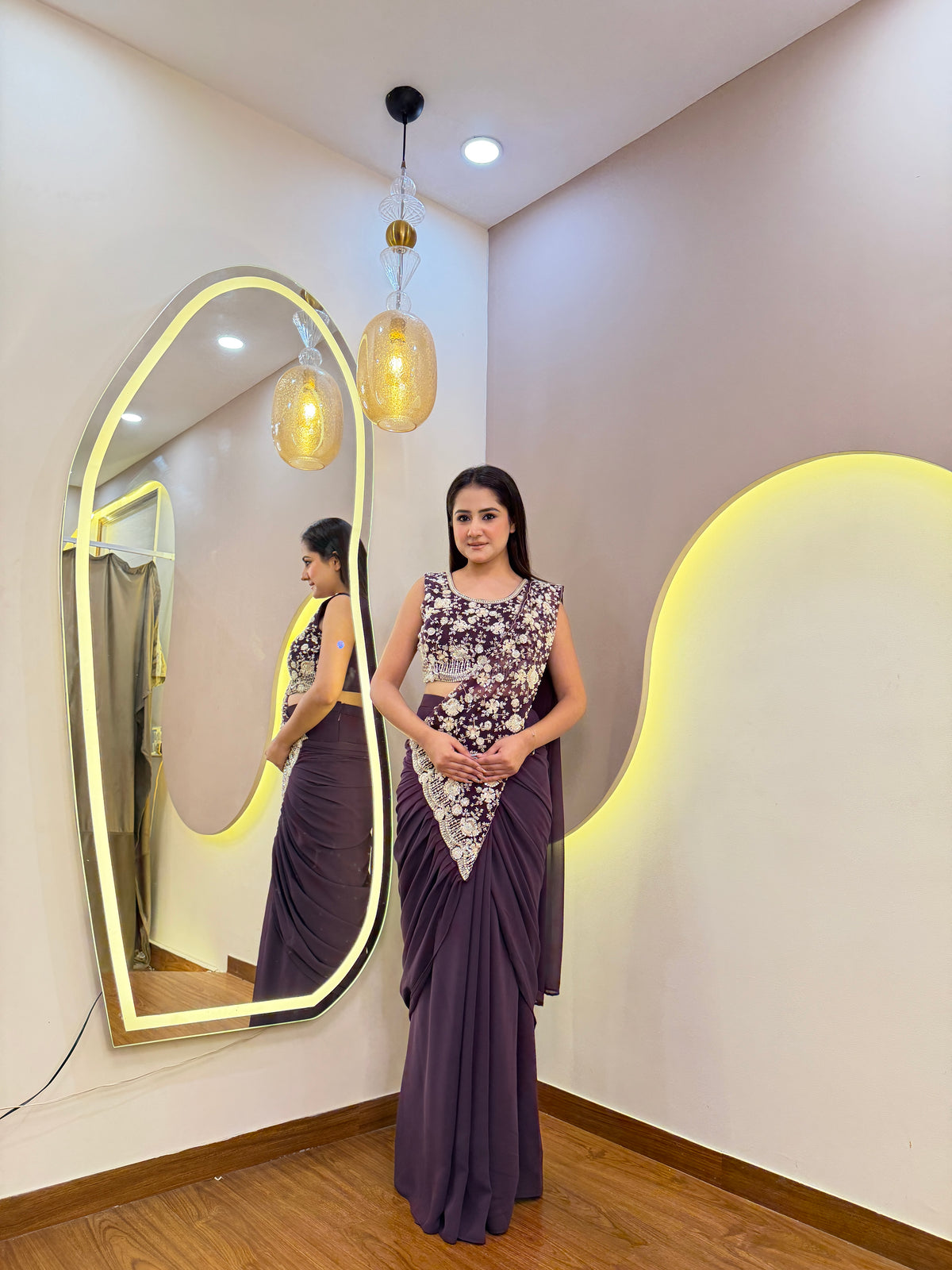 E635 INDO WESTERN DRAPE SAREE