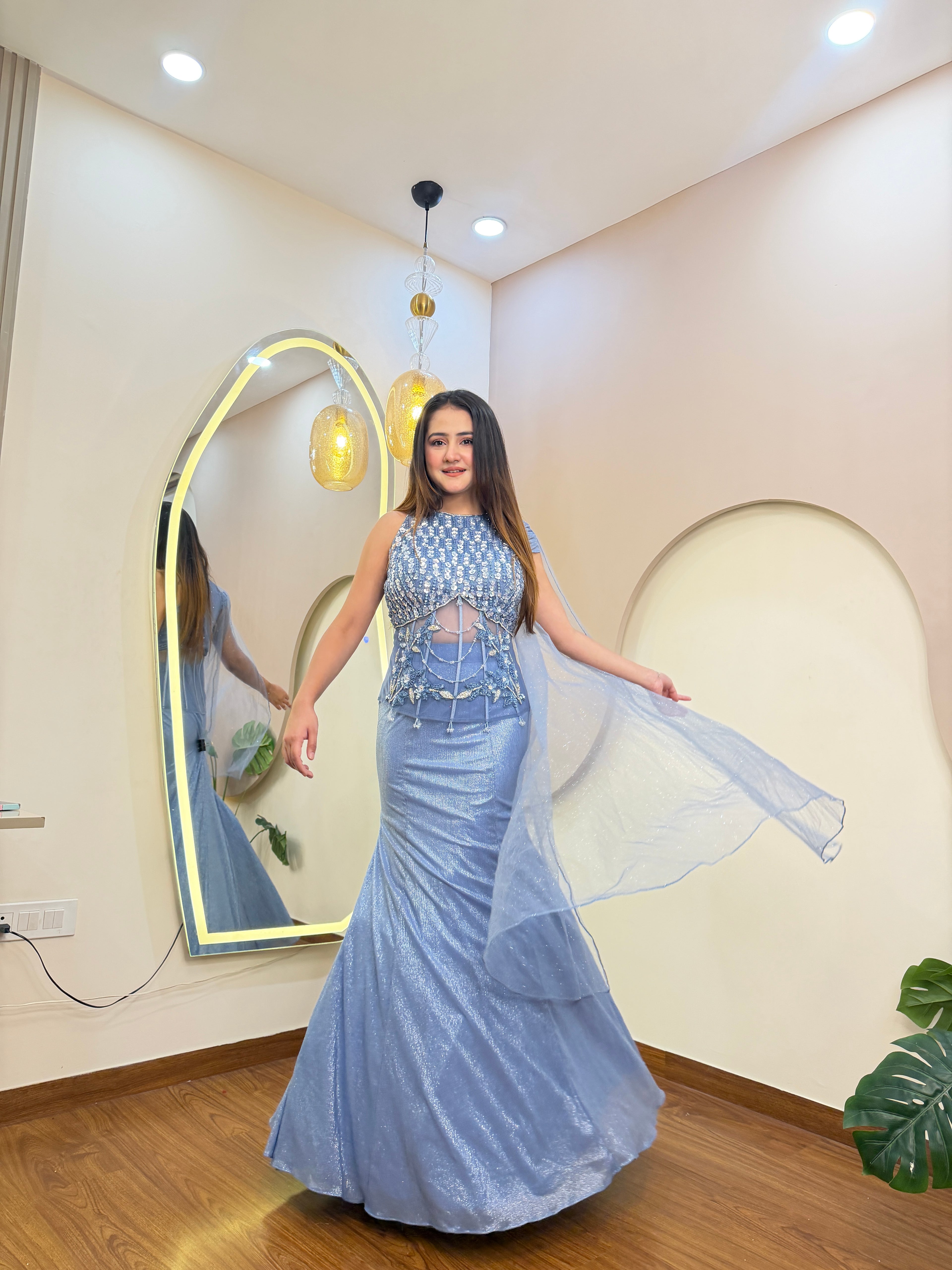 E366 INDO WESTERN FISH CUT LEHENGA