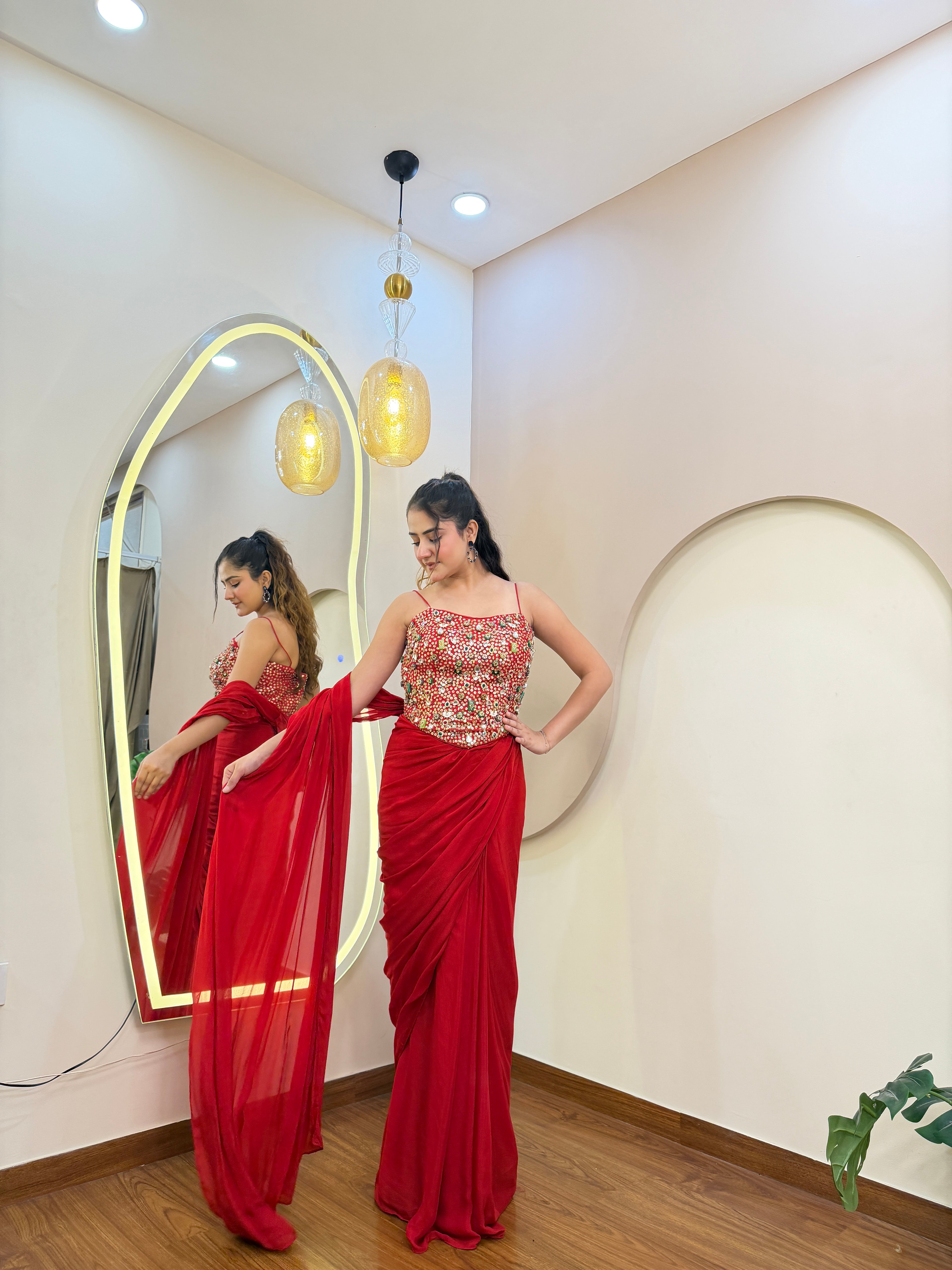 E419 INDO WESTERN DRAPE SAREE