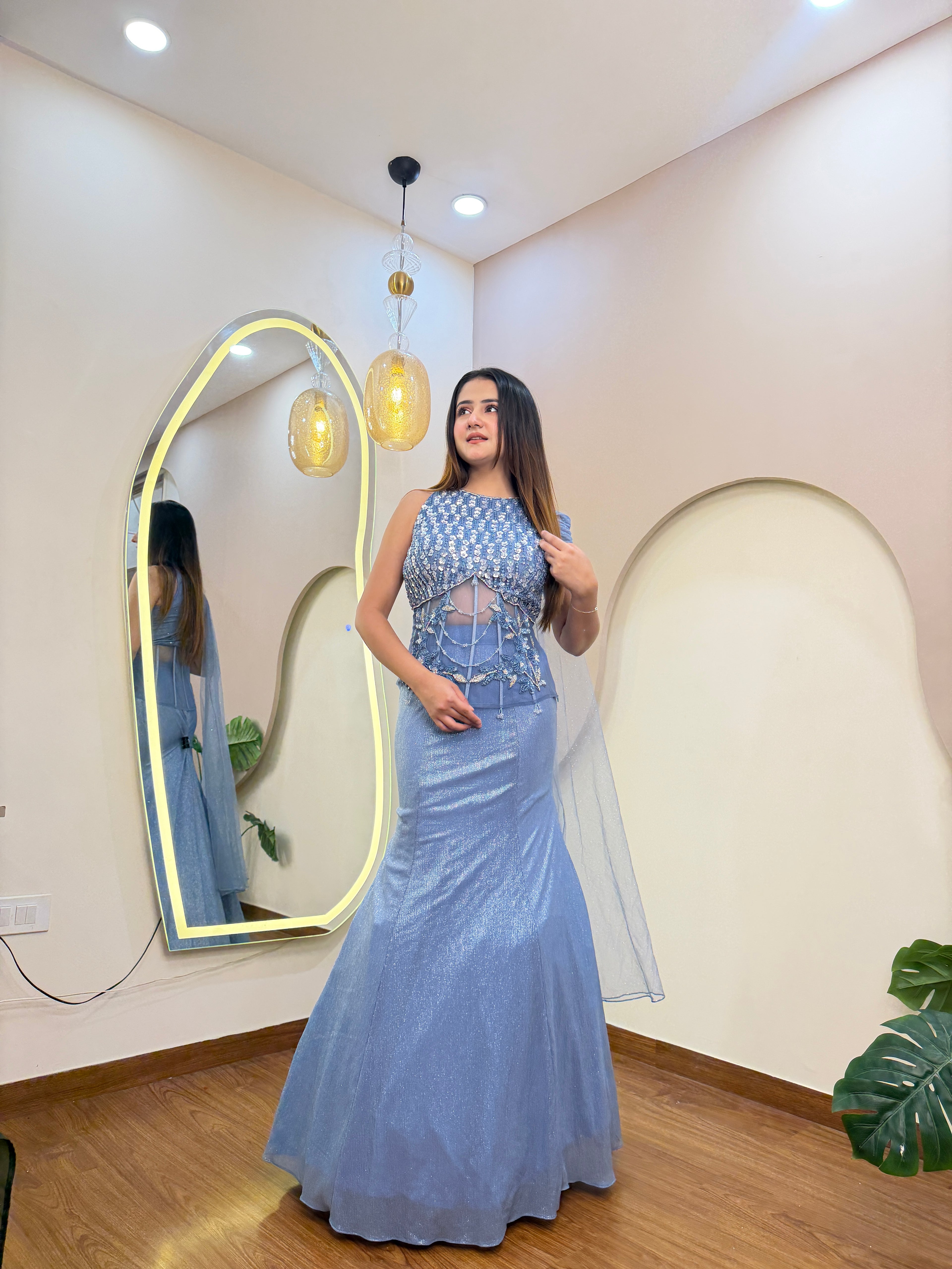 E366 INDO WESTERN FISH CUT LEHENGA