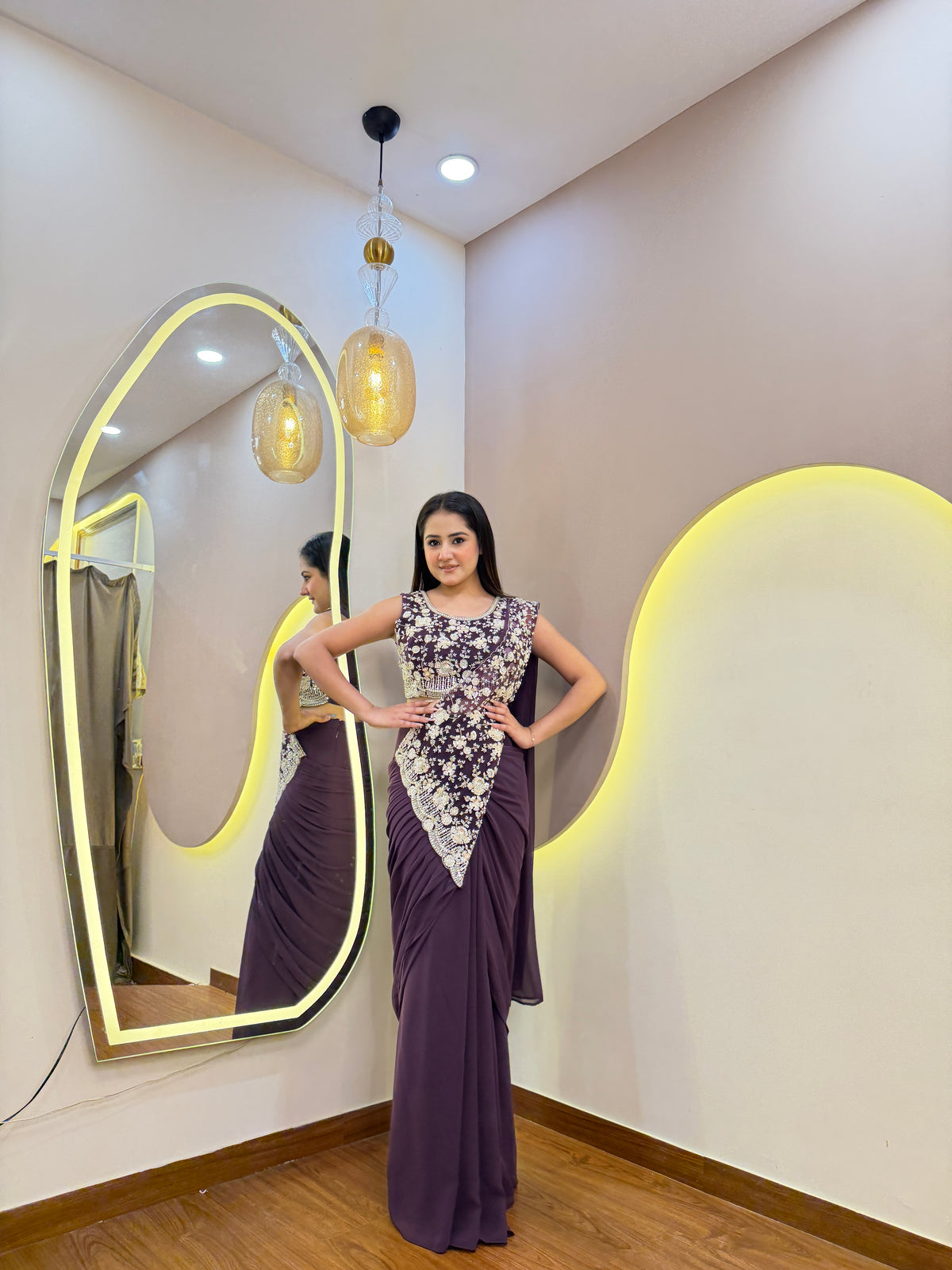 E635 INDO WESTERN DRAPE SAREE