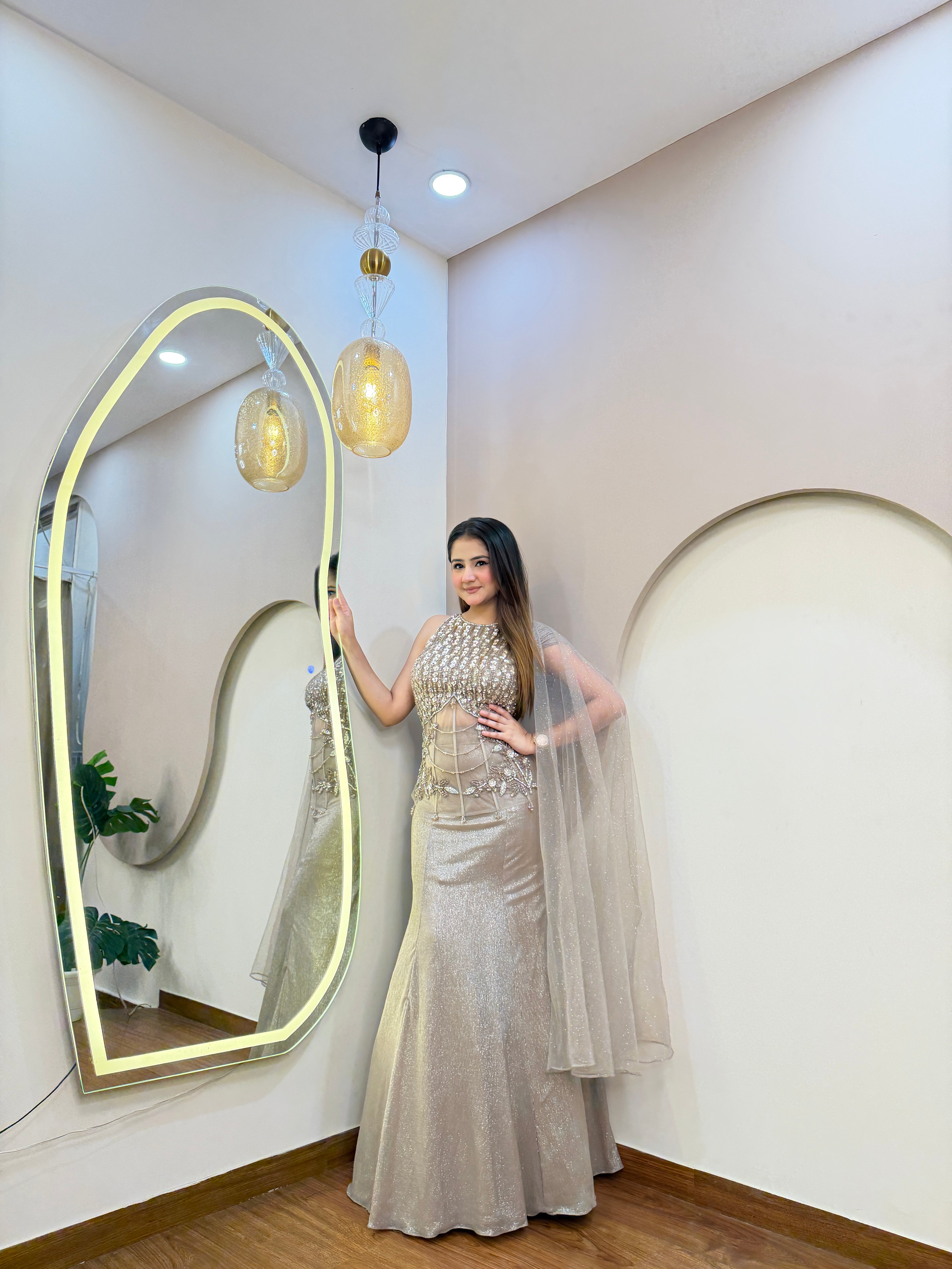 E366 INDO WESTERN FISH CUT LEHENGA