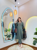 OLIVE GREEN OUTFIT WOOLEN 3pc SET