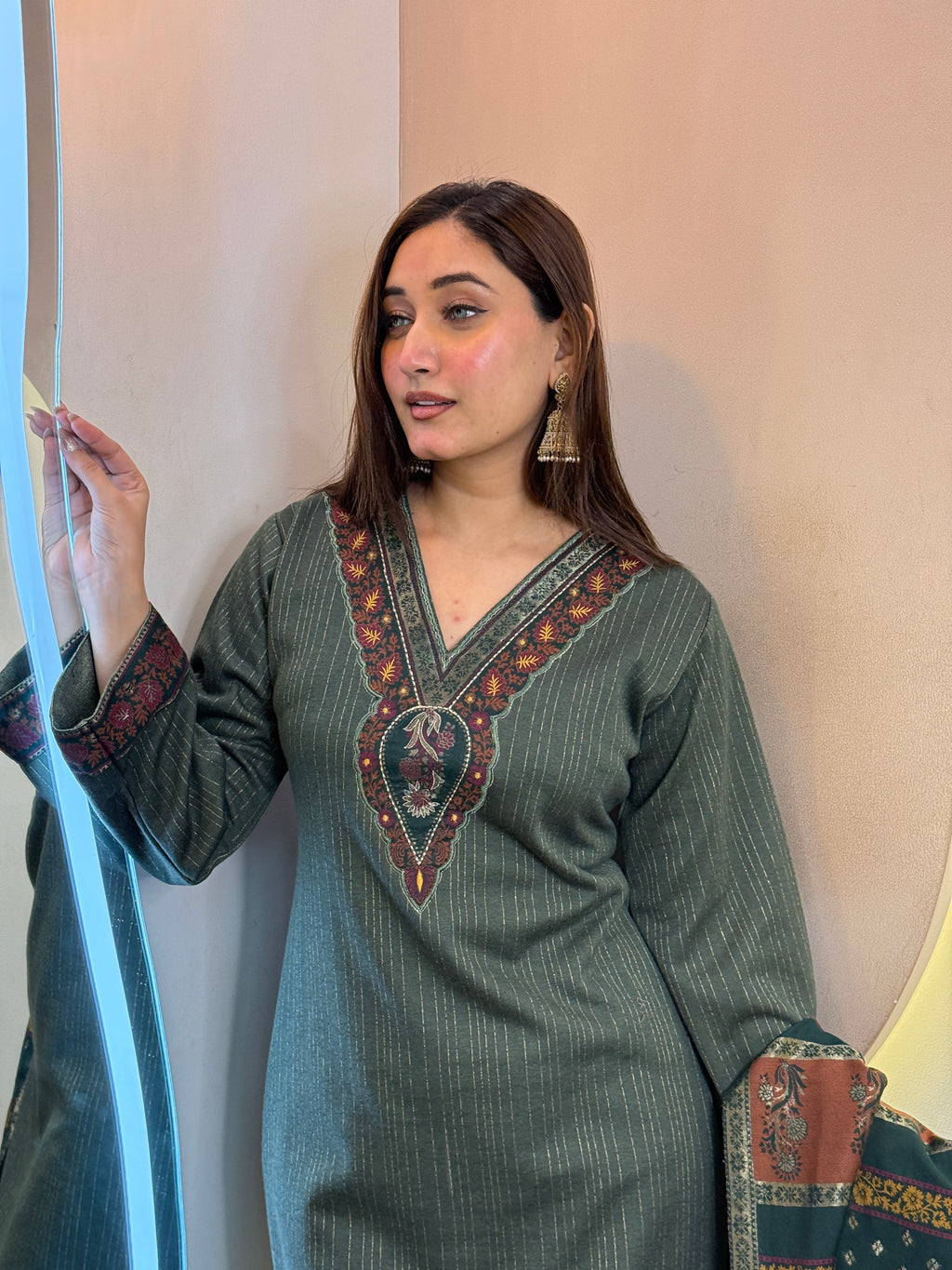 OLIVE GREEN OUTFIT WOOLEN 3pc SET