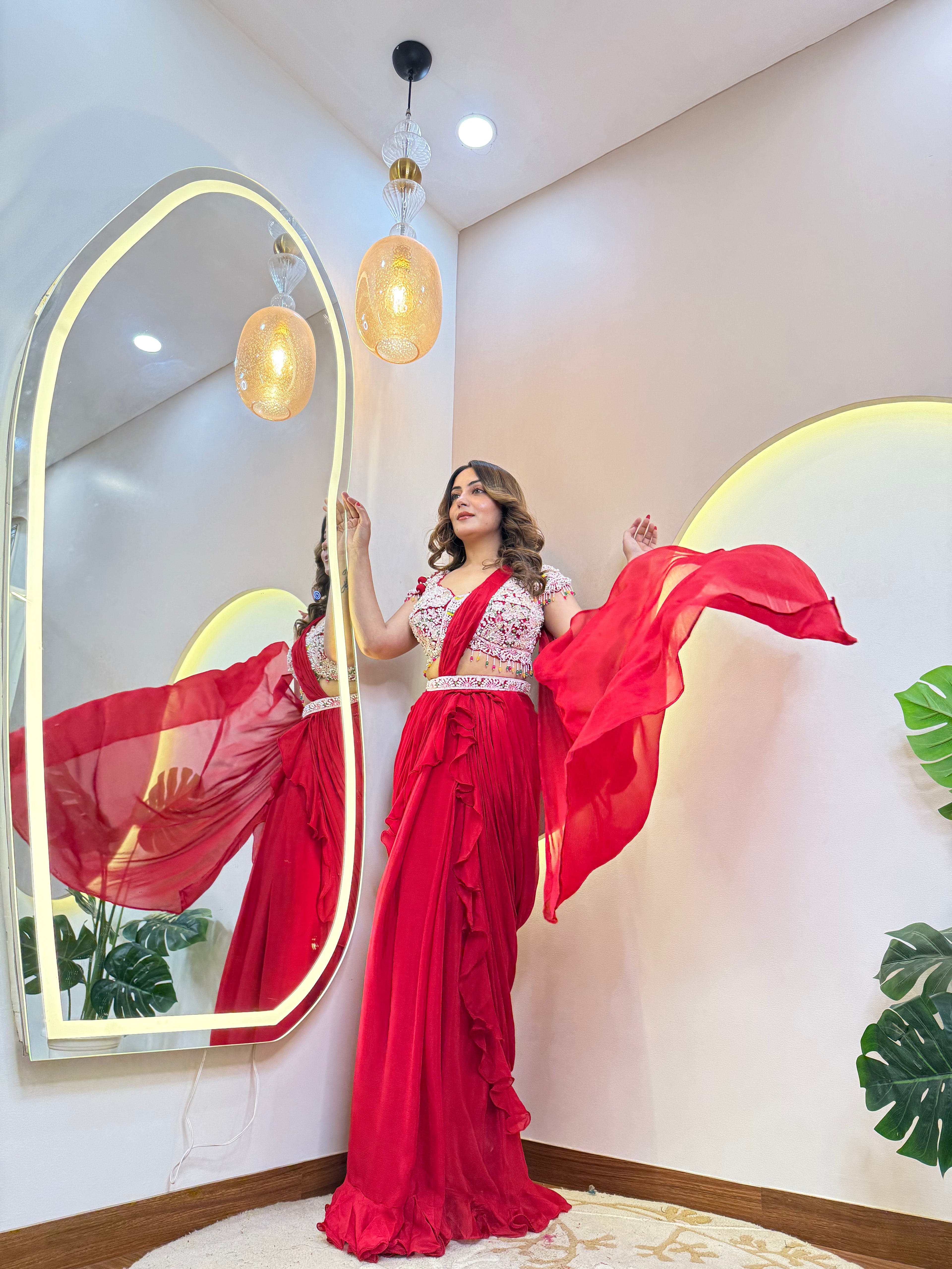 "RED PINK OUTFIT  " DRAPE SAREE