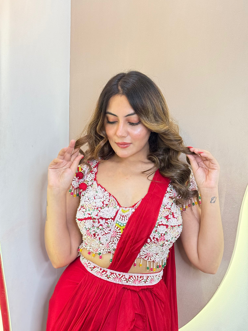 "RED PINK OUTFIT  " DRAPE SAREE