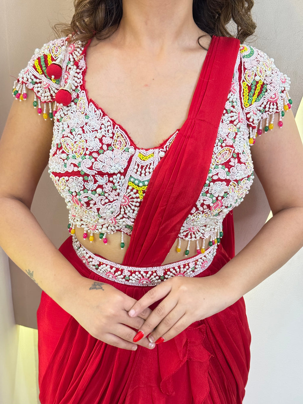 "RED PINK OUTFIT  " DRAPE SAREE