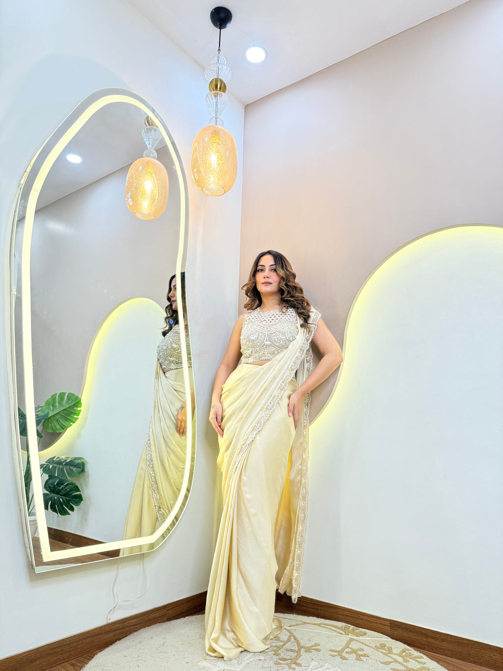 " CREAM OUTFIT" DRAPE SAREE