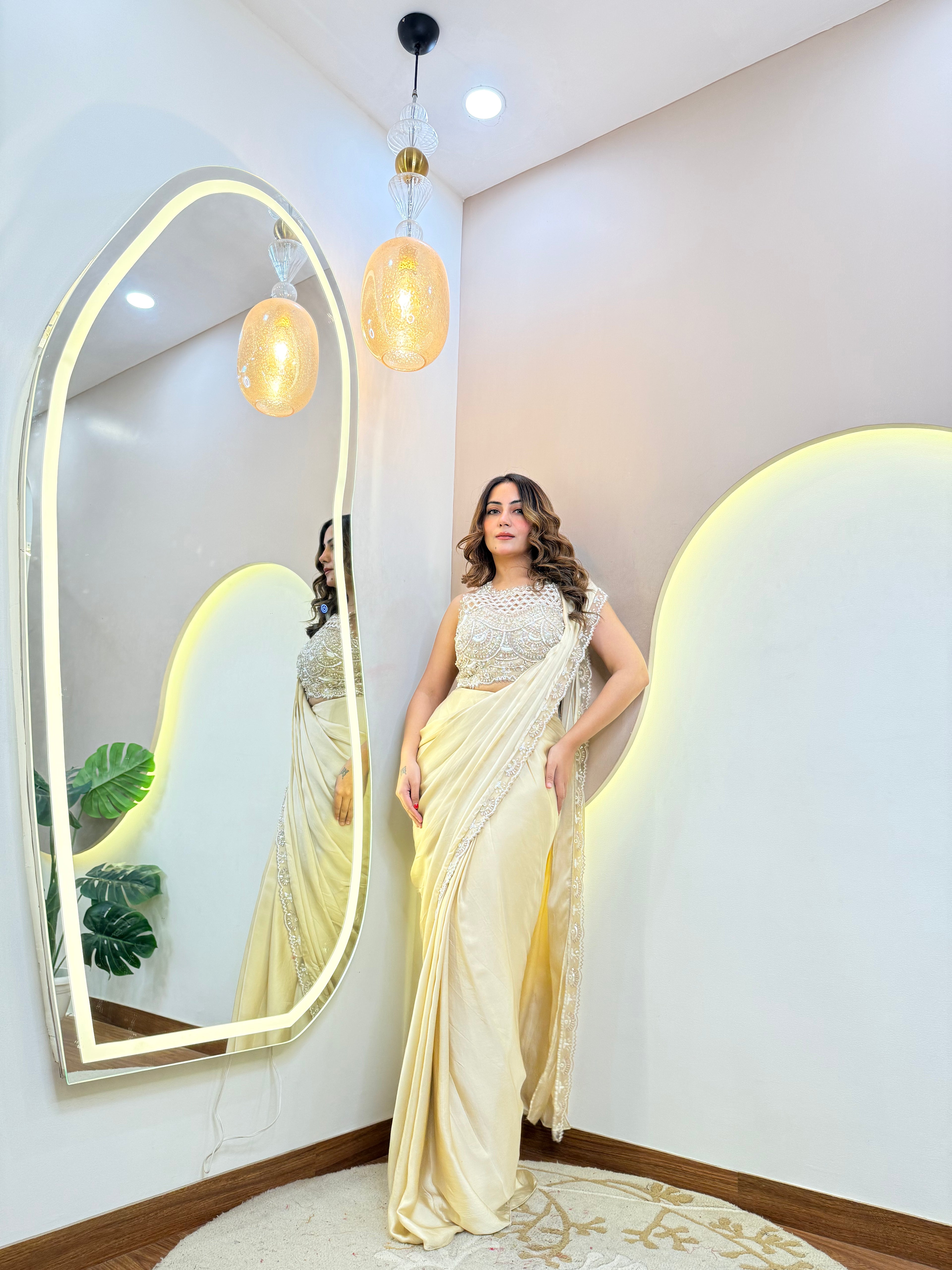 " CREAM OUTFIT" DRAPE SAREE