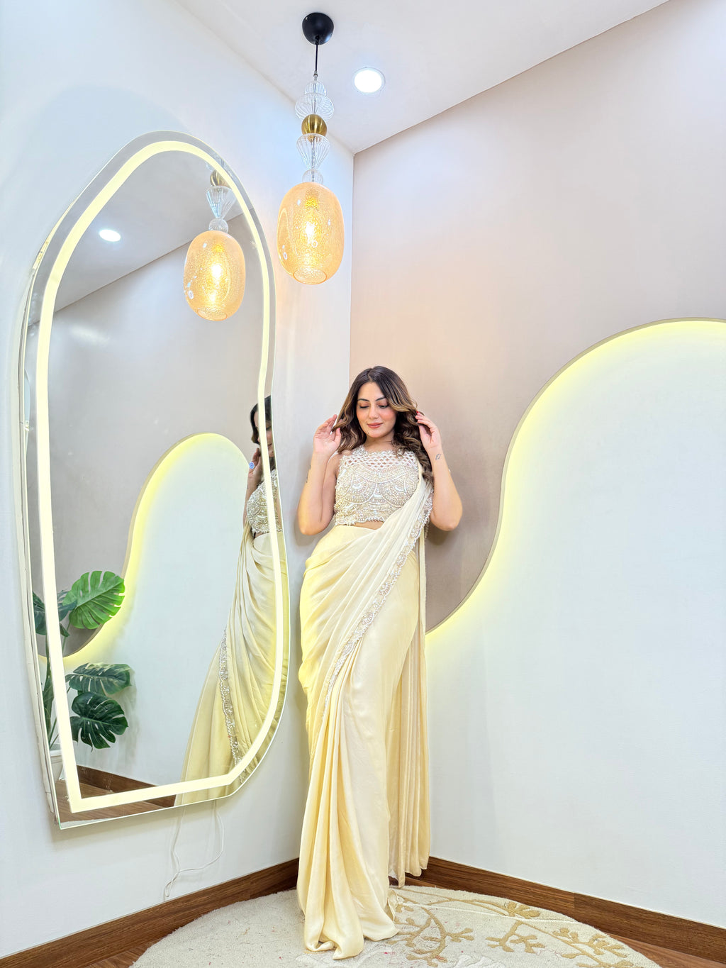 " CREAM OUTFIT" DRAPE SAREE