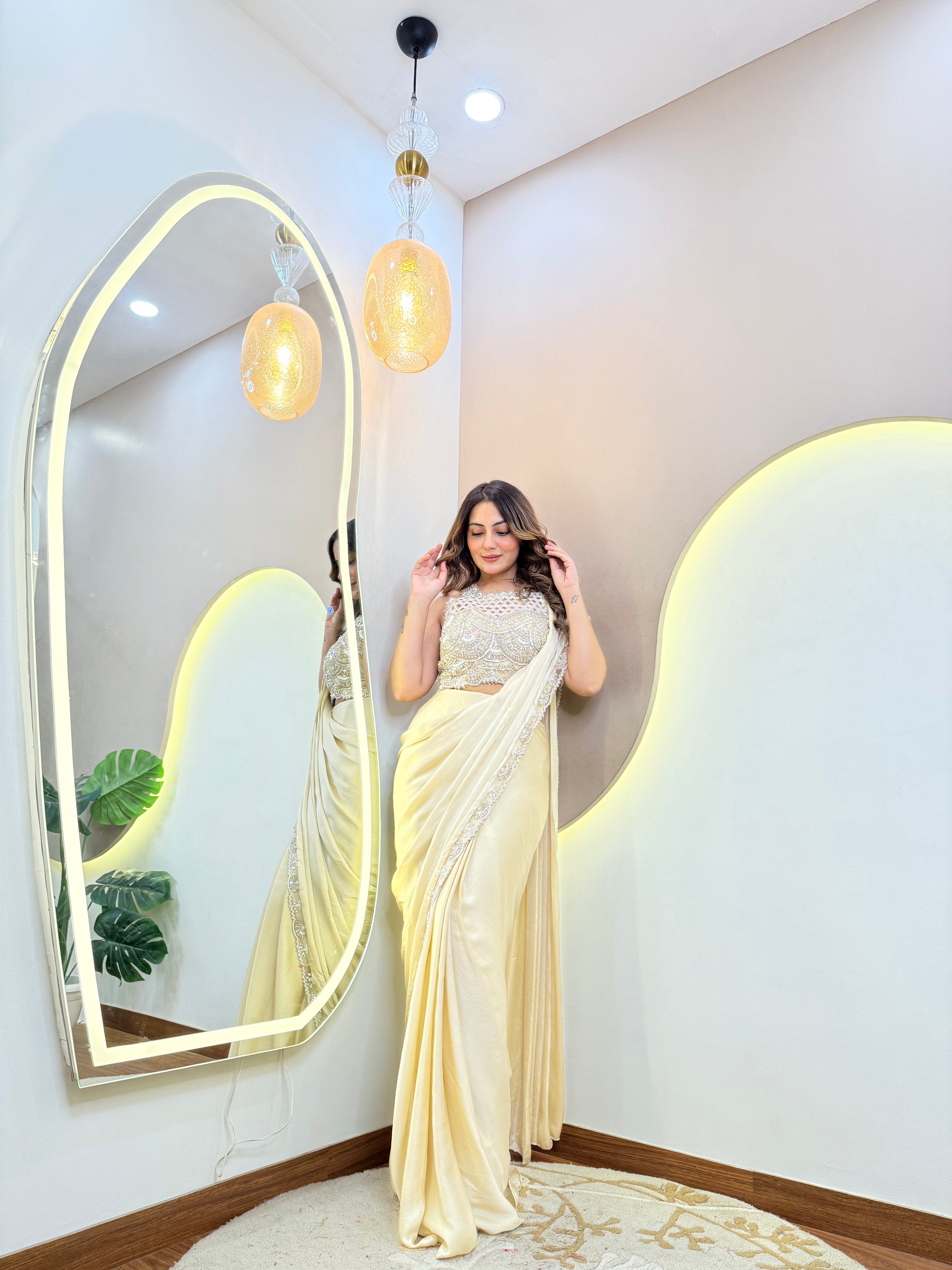 " CREAM OUTFIT" DRAPE SAREE