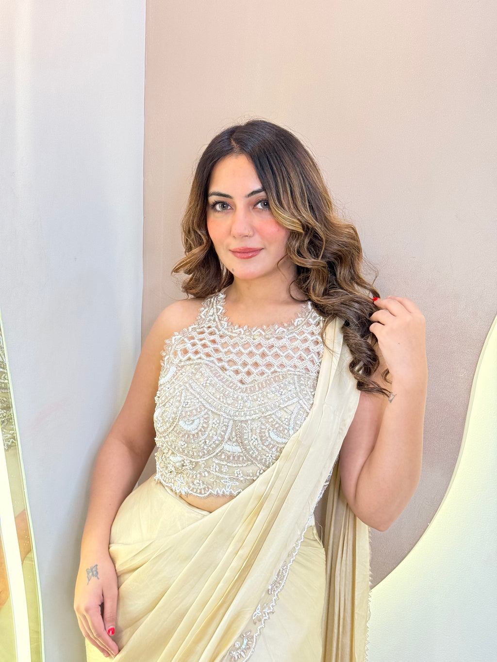 " CREAM OUTFIT" DRAPE SAREE