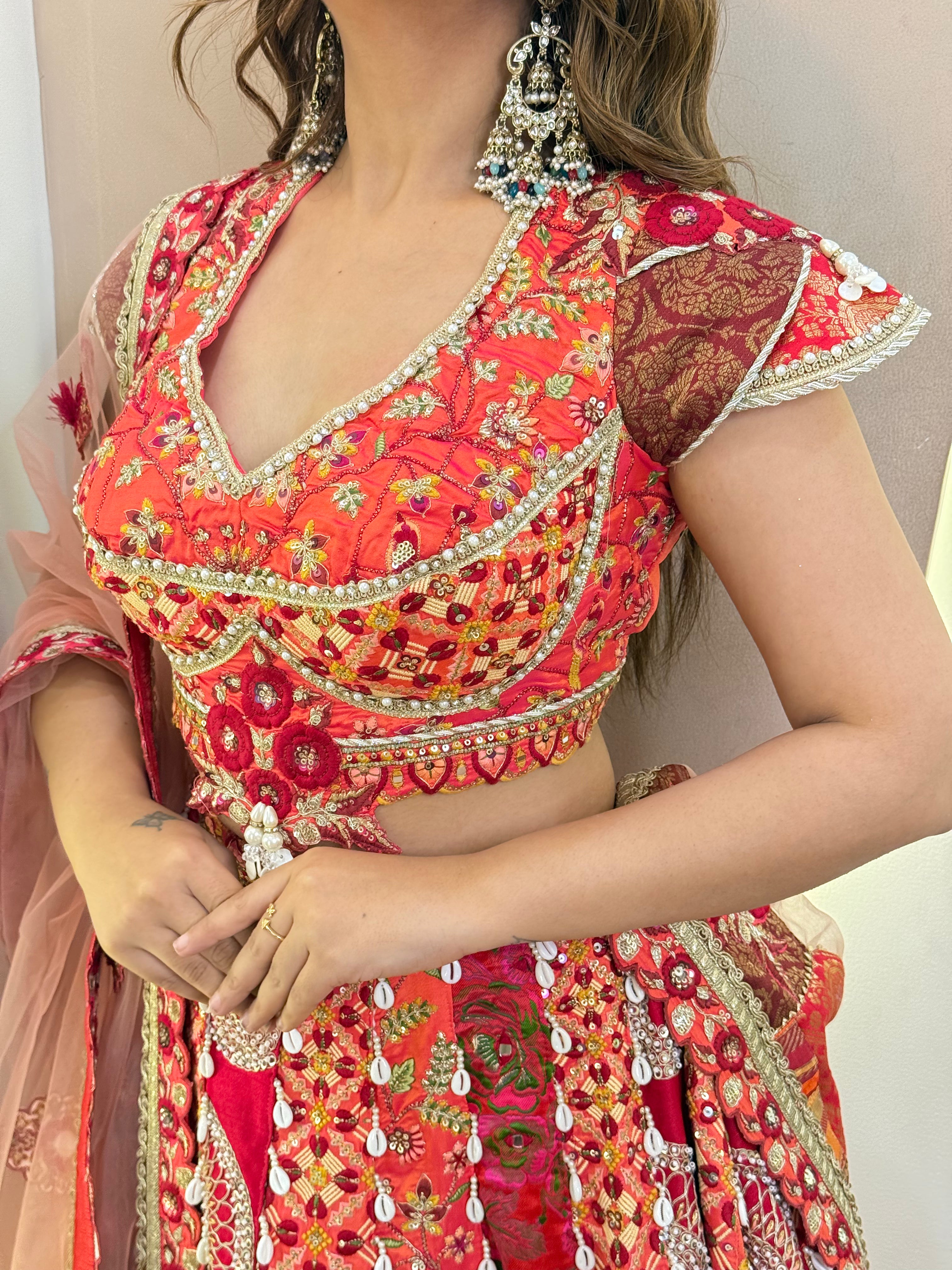 C616 SHELL WORK  MULTI COLOUR LEHNGA CHOLI