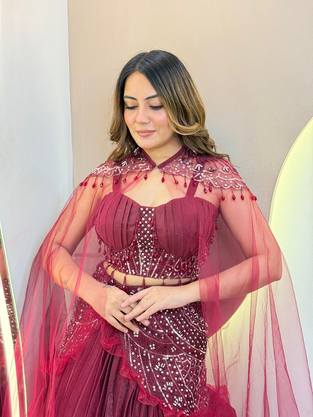 "CAPE STYLE DUPTTA CROP TOP  SKIRT