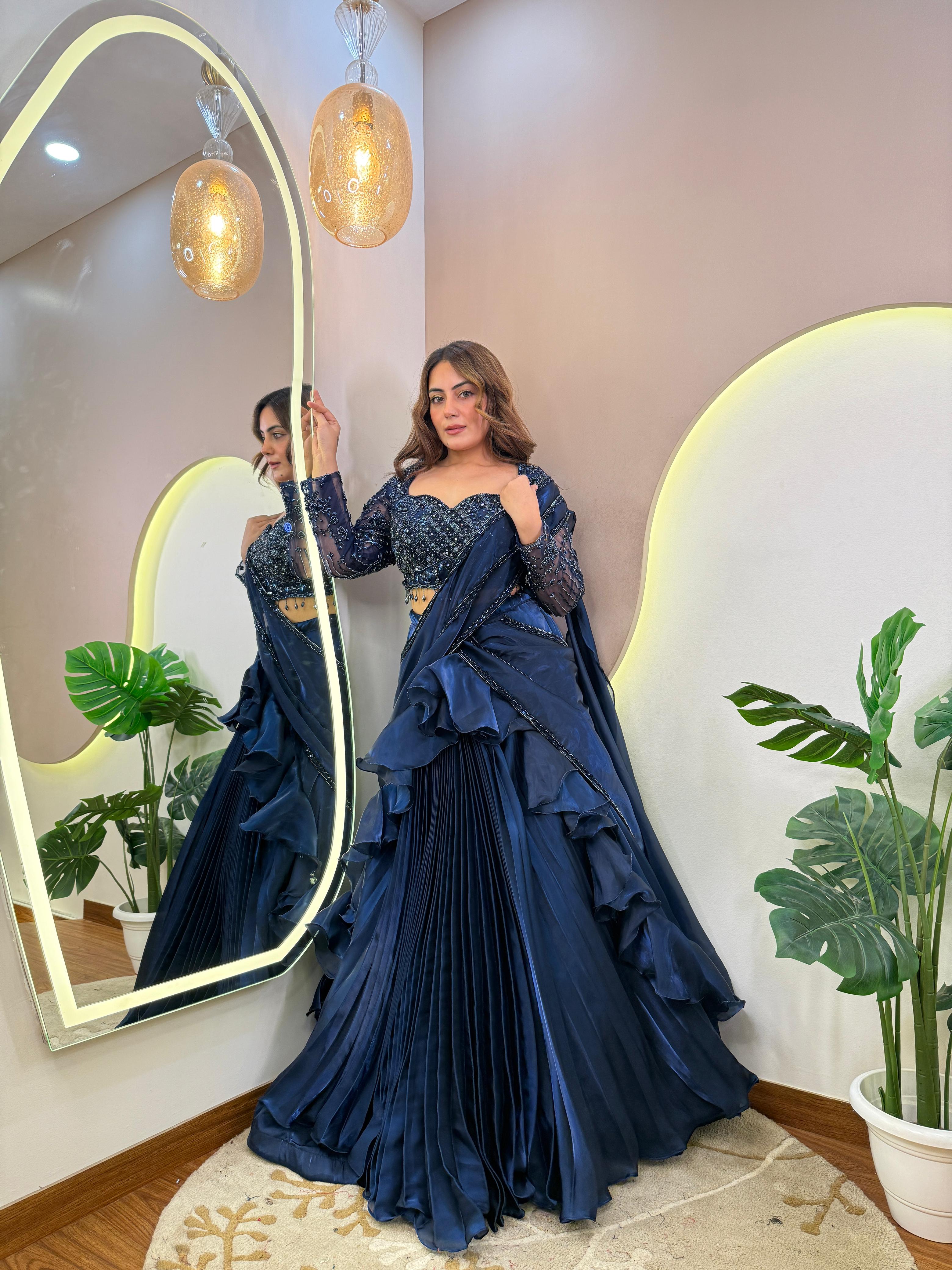 Party Wear Ruffle Saree Navy Blue