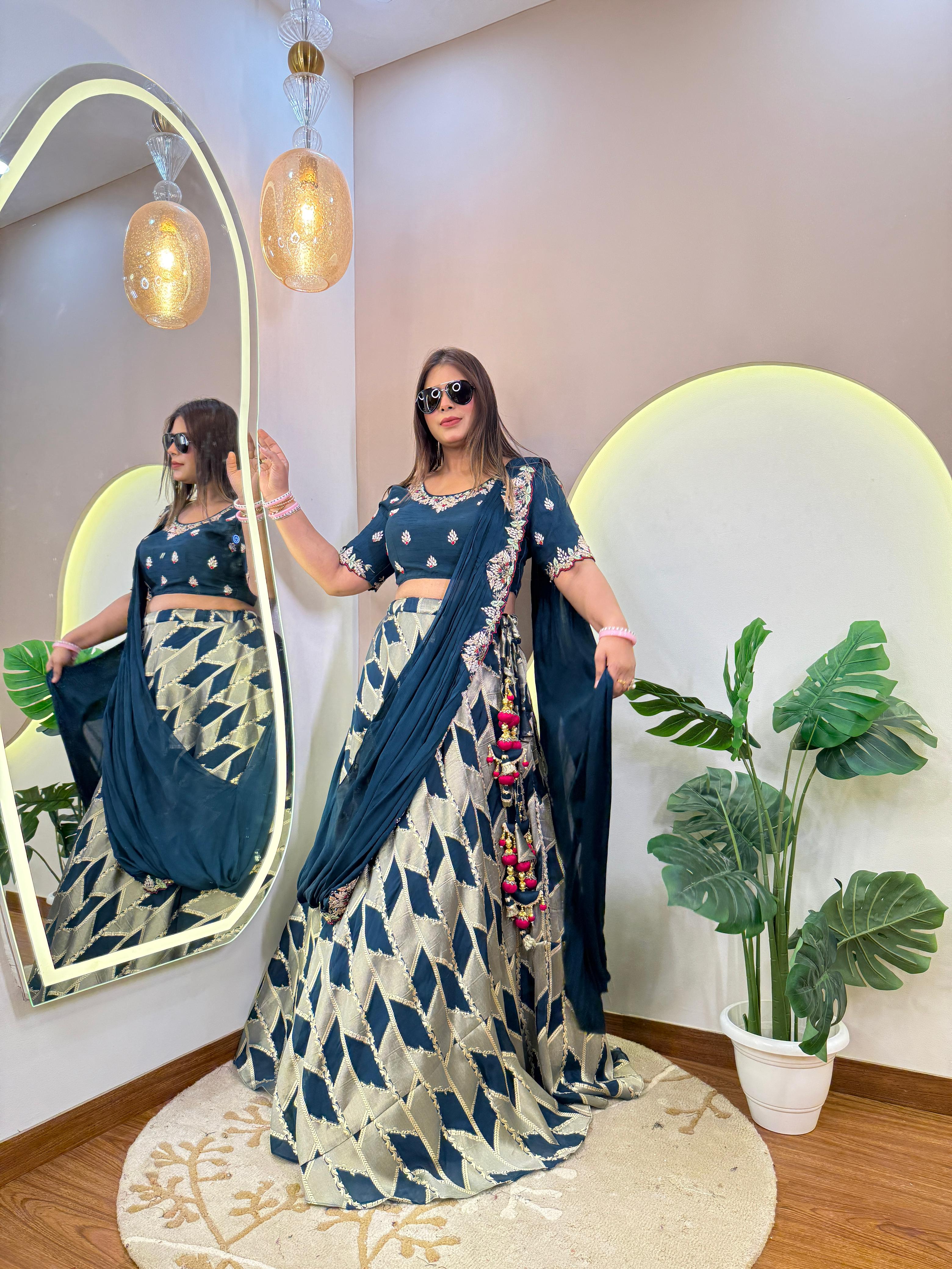 3pc set Lehenga with belt banarsi print