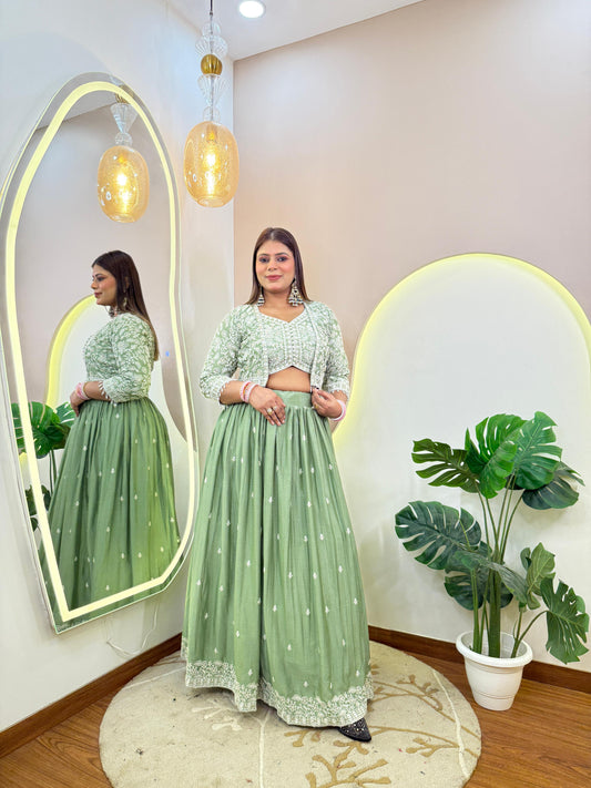 Crop Top & Skirt with Jacket Green Colour with Mirror Work