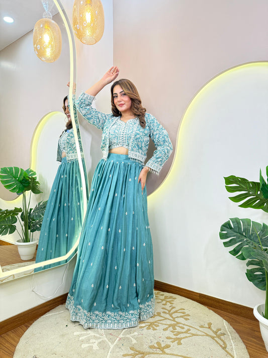 Crop Top & Skirt with Jacket Light Blue Colour