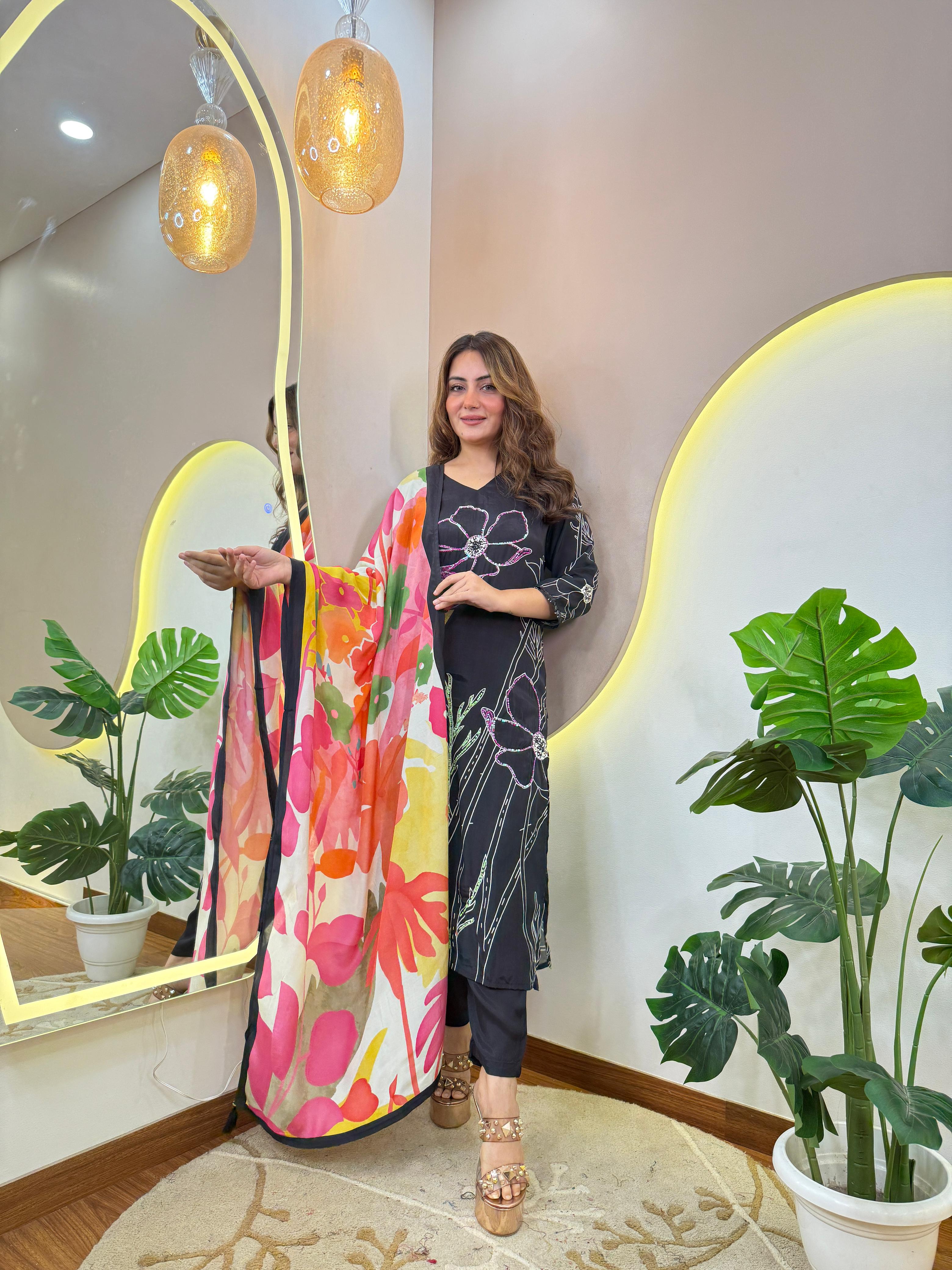 3 Pc Suit Indian Suit with Hand Work Black Colour